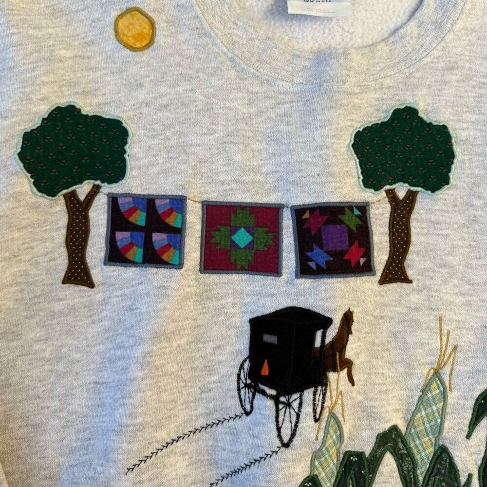 VTG Sweatshirt Amish Farm Corn Quilt Embroidered Handmade Santee Unisex Small - Picture 10 of 12